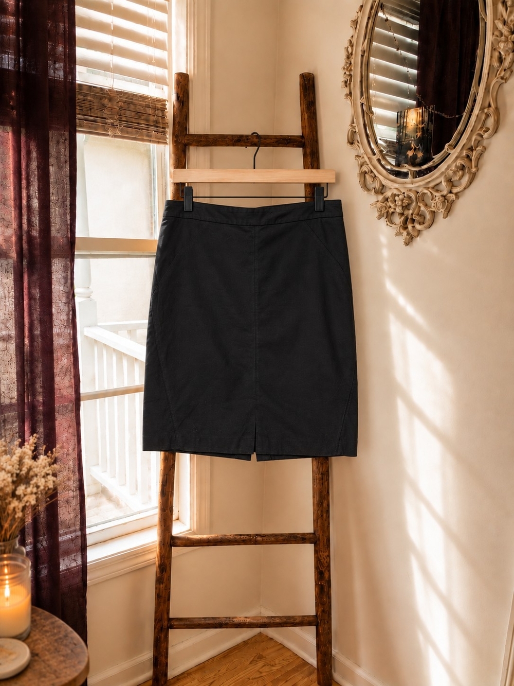 Black Cotton Blend Pencil Skirt Minimalist Office Work Wear
